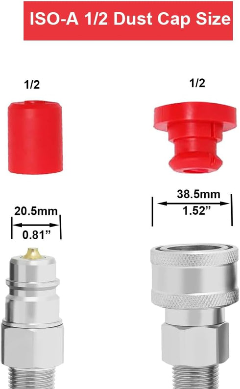 2 Sets 1/2" Hydraulic Coupler Dust Cap, Male Dust Cap and Female Plug Cover for Flat Face Quick Coupler, Red Cap