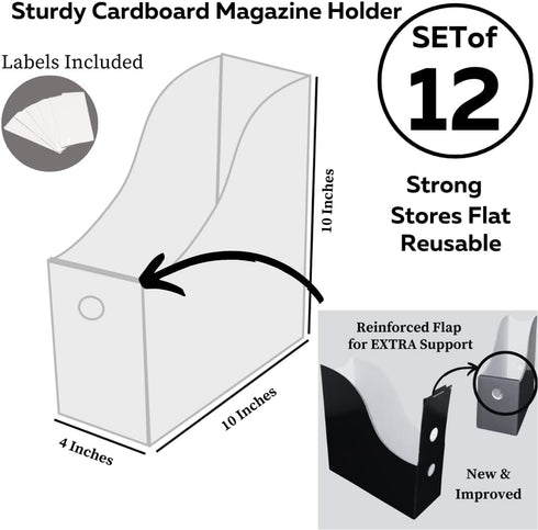 Evelots Magazine File Holder, Set of 12 Black Office Desk Organizer, Sturdy Cardboard with Double Front Panel