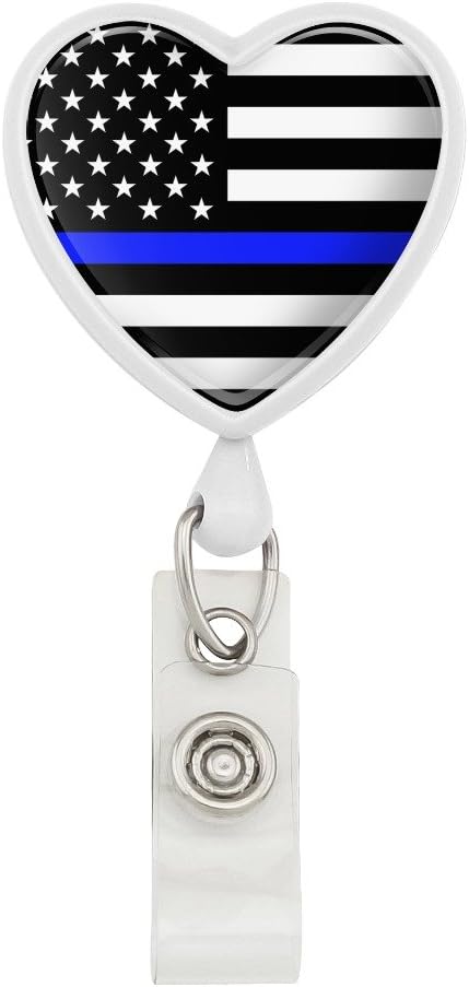 Thin Blue Line American Flag Heart Lanyard - Retractable Reel Badge ID Card Holder in White