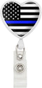 Thin Blue Line American Flag Heart Lanyard - Retractable Reel Badge ID Card Holder in White