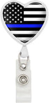 Thin Blue Line American Flag Heart Lanyard - Retractable Reel Badge ID Card Holder in White