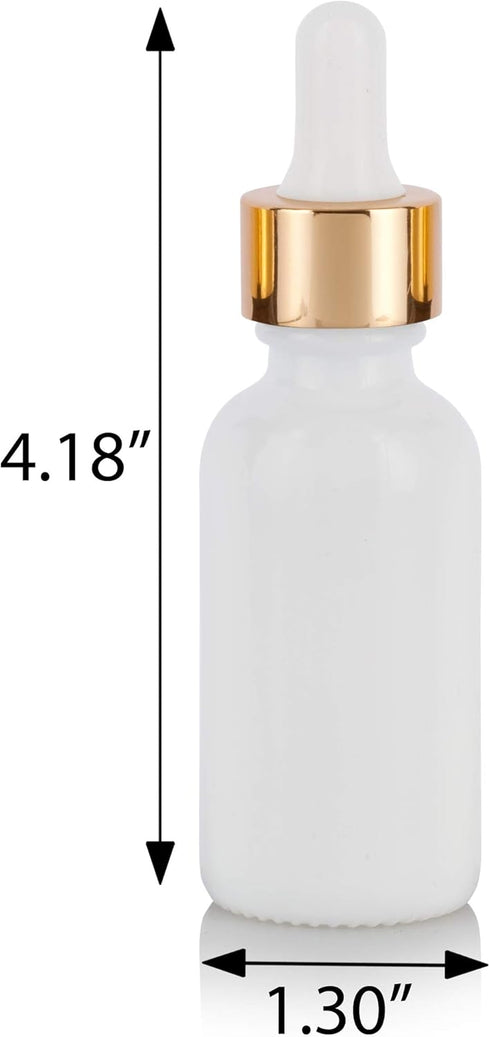 JUVITUS 1 oz Opal White Glass Boston Round Bottle with Gold Metal Dropper, 12 Pack + Funnel