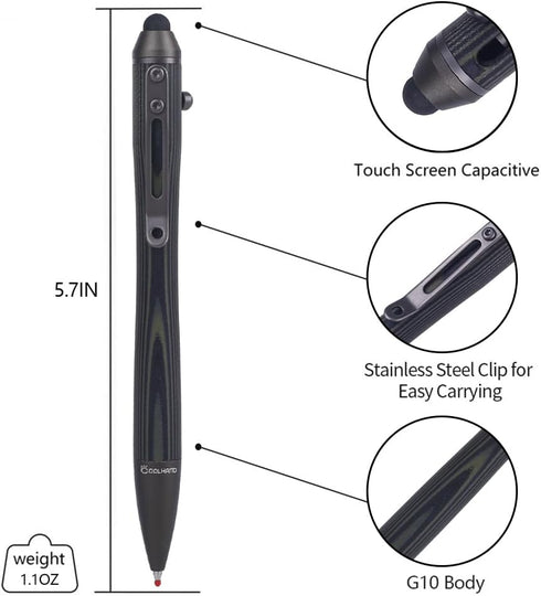 Cool Hand 5.7'' G10 5374-G Bolt Action Pens, EDC Ballpoint Ink Refillable, Stylus for Touch Screen, Body w/Pocket Clip