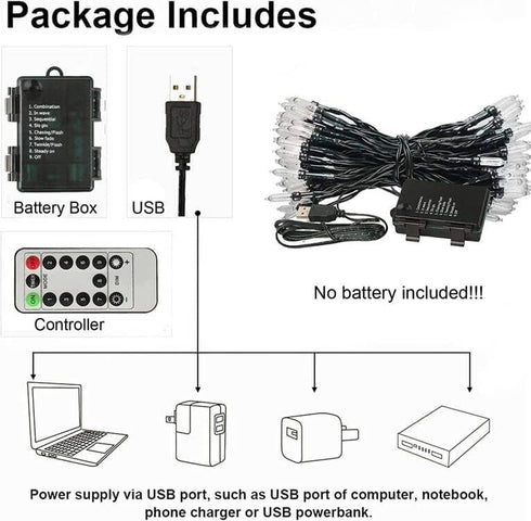Christmas Lights 33ft 100 LED Outdoor String Lights, 8 Modes with Timer, USB & Battery-powered, IP65 Waterproof