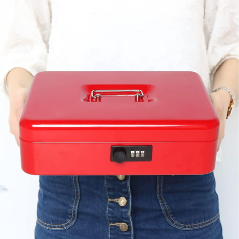 Jssmst Large Locking Cash Box with Money Tray, Metal Money Box with Combination Lock, Cash Safe with Security Cable, Red