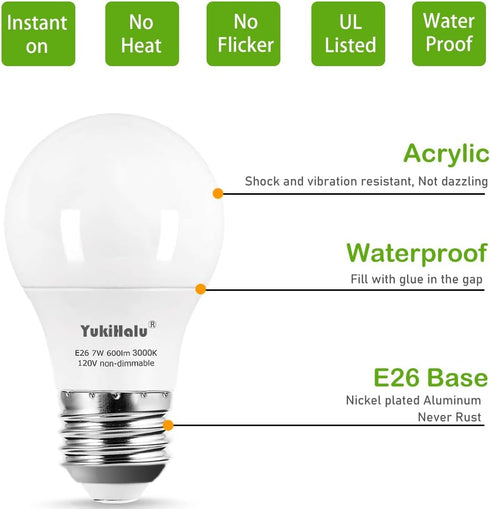 YukiHalu A15 LED Light Bulbs, 60W Equivalent, E26 Base, 2700K/3000K/5000K White, Pack of 6