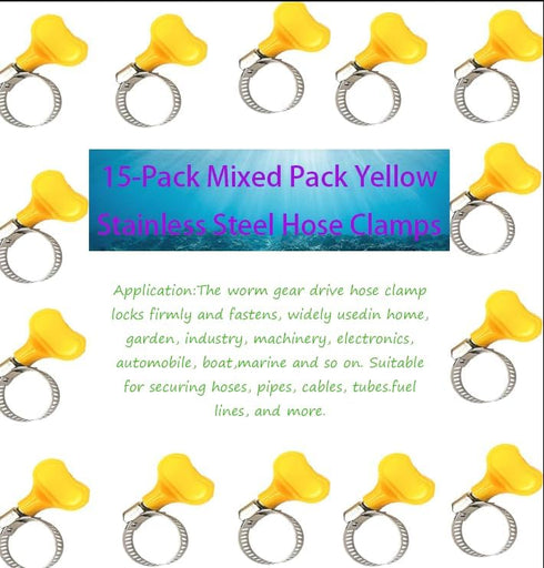 15-Pack Mixed Yellow Stainless Steel Hose Clamps, Adjustable Thumb Screw Key Type Clamps for Plumbing, Automotive