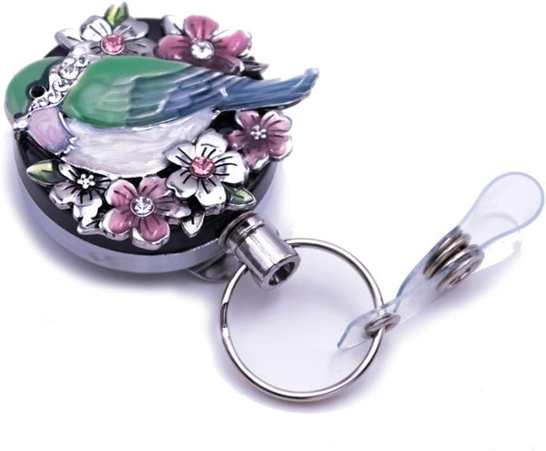 Laraine Retractable Badge Reel Holder, Metal Clip ID Card & Key Holders, Rhinestones Pearl Bird Shape 1.7”