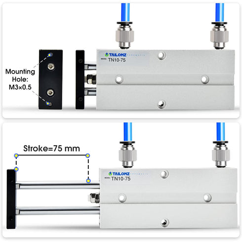 TAILONZ PNEUMATIC 10mm Bore 75mm Stroke Double-Rod Double-Acting Aluminum Pneumatic Air Cylinder