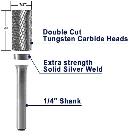 SA-5 Tungsten Carbide Burr Cylinder Shape Double Cut Rotary Burr File, 1/2” Cutter Dia X 1” Cutter Length, Pack of 1