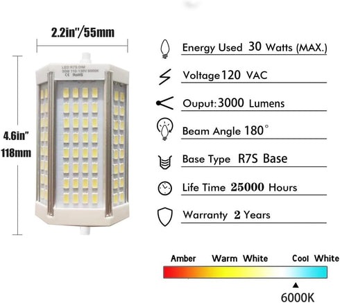Tsunetani R7S Dimmable J118 118mm Bulb 30W Bulb 6000k (300W J118 T3 Bulb 3000LM LED J-Type Light Halogen Replacement)