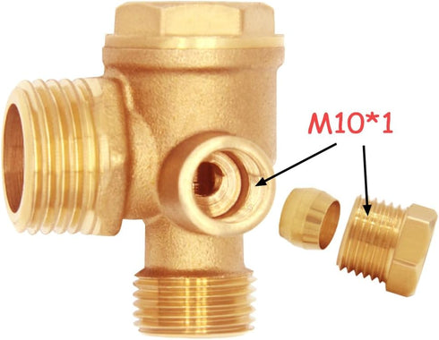 Solid Brass 3-Port Air Compressor Check Valve, M10*1 x G3/8" x G1/2" Male Female Threaded Connector