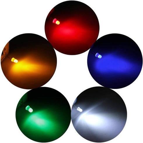 500Pcs (5 100P) 3MM DiCUNO Colors x Light Emitting Diode, White/Red/Yellow/Green/Blue Bright Diffused LED Diodes