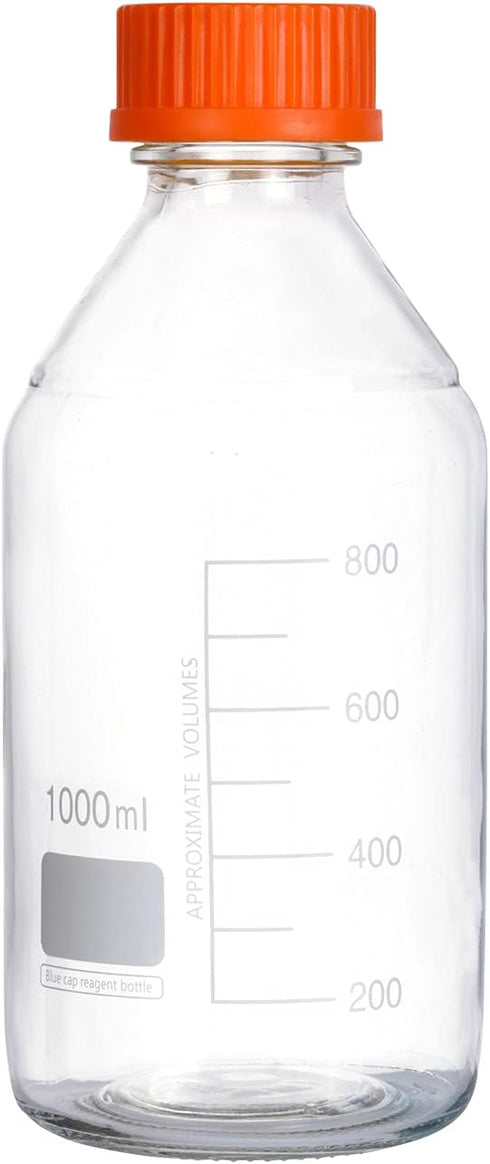 4 Pieces 1000 mL Graduated Round Glass Bottles with GL45 Orange Polypropylene Screw Cap for Media/Storage