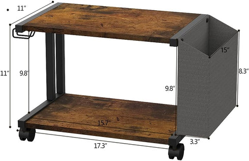 VEDECASA 2 Tier Rustic Brown Wooden Under Desk Printer Stand with Storage Bag, Mobile Printer Shelf Cart with Caster