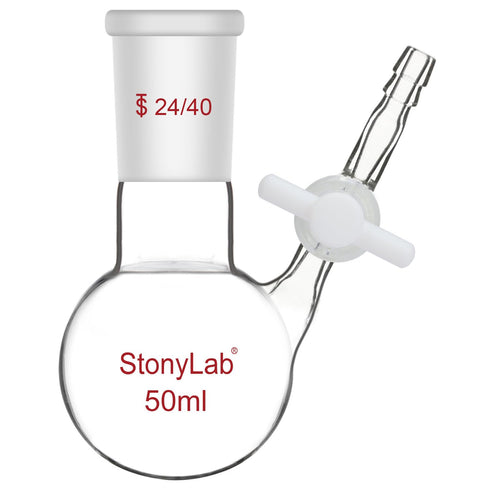 stonylab 50 ml Reaction Flask, Borosilicate Glass Single-Neck Round Bottom Flask with 24/40 Joint & PTFE Stopcock Valve