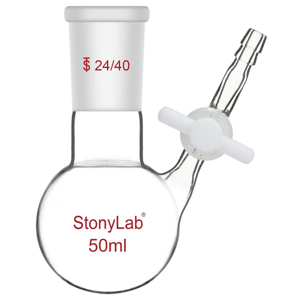 stonylab 50 ml Reaction Flask, Borosilicate Glass Single-Neck Round Bottom Flask with 24/40 Joint & PTFE Stopcock Valve