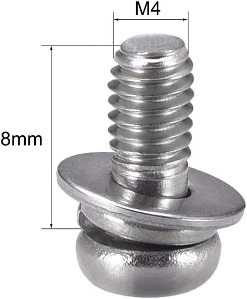 uxcell M4 x 8mm Stainless Steel Phillips Pan Head Machine Screws with Spring Washer and Plain Washers, 10pcs