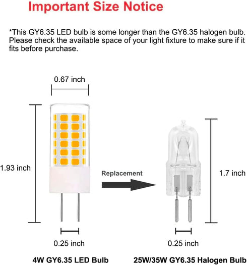 GY6.35 LED Bulbs 12V, T4 JC Type Bi-Pin Base, Warm White 3000K, 35W Halogen Replacement, Non-Dimmable, 4-Pack