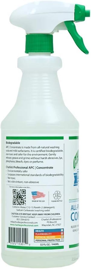 32oz CHARLIE'S PROFESSIONAL Biodegradable Non-Toxic All Purpose Cleaner Concentrate, Spray Bottle