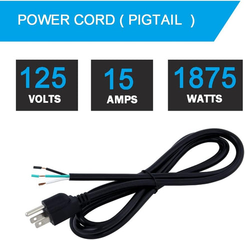 Heavy Duty AC Power Cord Pigtail - 14 Gauge 3 Prong 6 Feet Open End SJT 14AWG Replacement AC Wall Cable