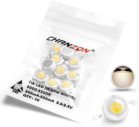 CHANZON 10 pcs High Power LED Chip 1W Warm White 3000K - 3500K, Super Bright SMD COB Light Emitter Components