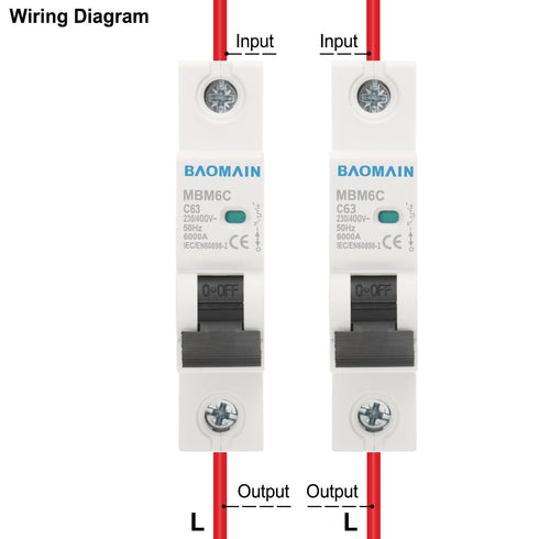 Baomain 6A AC Miniature Circuit Breaker, 1 Pole Circuit Breaker AC 400V 50Hz 6000A, C65 MCB DIN Rail Mount, MBM6C-1P