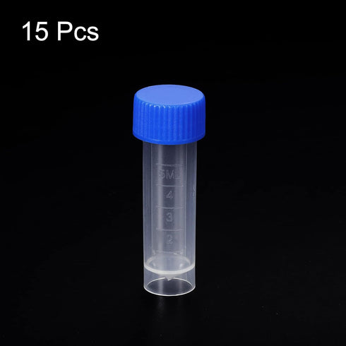 PATIKIL 15 Pack 5mL Plastic Test Tubes, Clear Frozen Container Storage with Blue Screw Cap for Lab