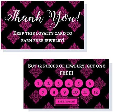 Jewelry Loyalty Cards | 50 Pack Thank You Notes Black Pink Fleur | 5 Bling Buy 12 Get One Free