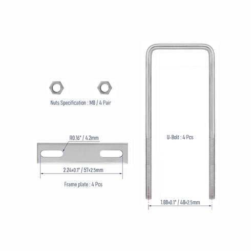 4 Sets 304 Stainless Steel Square U-Bolts, 1.57" Inner Width, 3.94" Length with Nuts