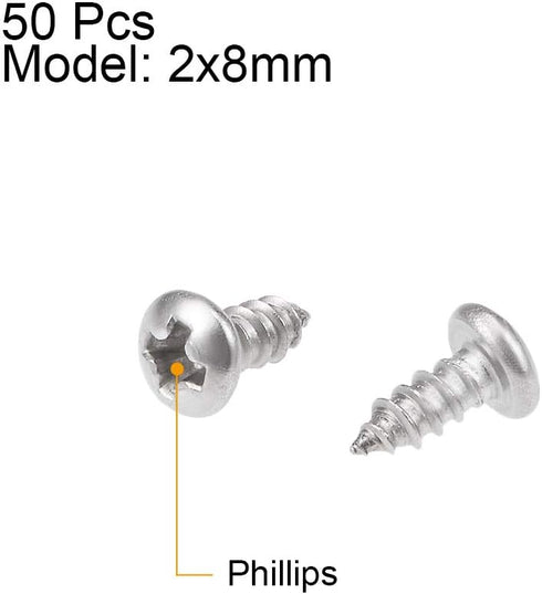 uxcell 2.2x5mm Self Tapping Screws, Phillips Pan Head Screw, 316 Stainless Steel Fasteners, 50Pcs