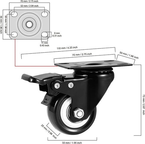 Caster Wheels, 2 inch Casters, Casters Set of 4 Heavy Duty - CLOATFET Locking Casters, Swivel Casters with Brake (Top Plate), Non Marking Black Castor Wheels for Cart Furniture Workbench