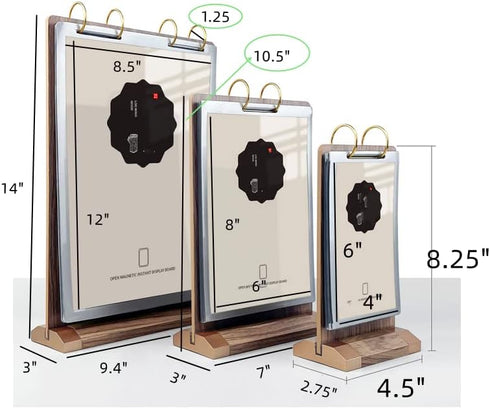 Rikyo A5 6 Pages-12 (6x8") Walnut Wood Sign Holder Vertical Table Card Flip Display Sides,T Double Sided Flyer Display