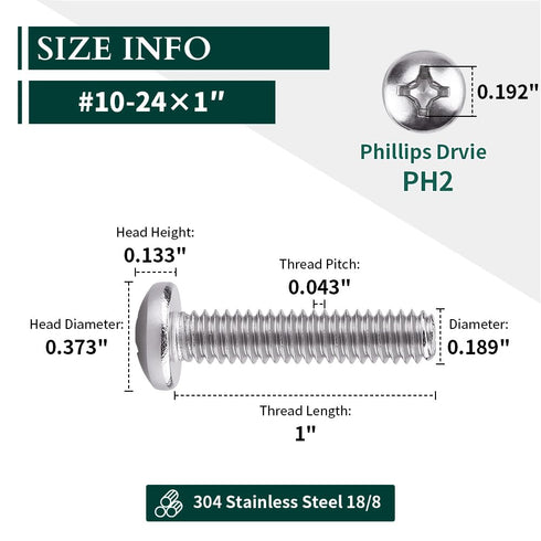 #10-24 x 1 Pan Head Machine Screw - Phillips Drive, 304 Stainless Steel 18-8, Bright Finish, 50 Pcs Fully Threaded