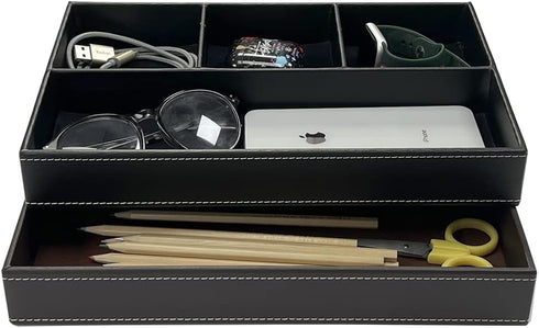 UnionBasic Flat Leather Desk Drawer Tray, 4-Slot Stationery Organizer Storage Box for Pens and Gadgets (Black)
