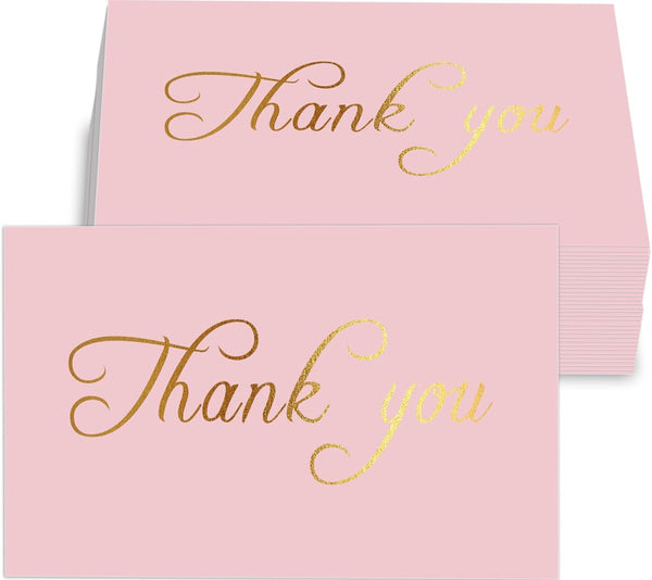 SMOQYKBW 100 small pink 3.5 x 2 inch gold foil thank you cards