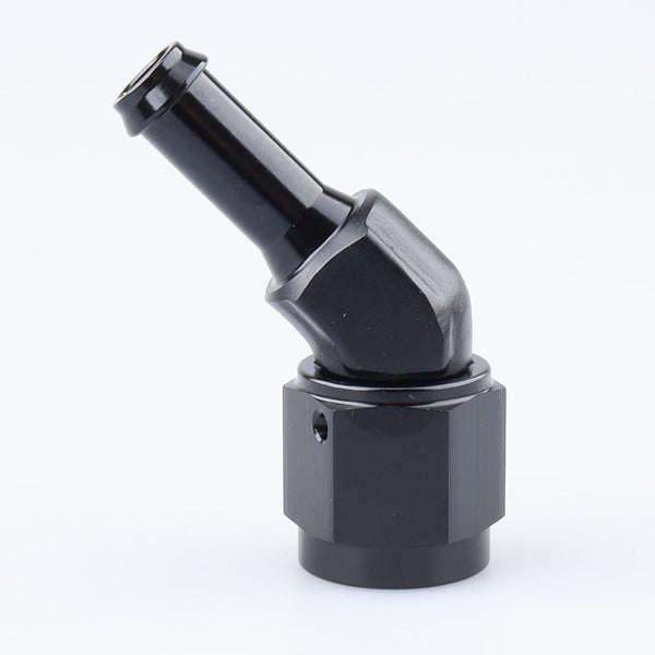 Black Aluminum 45 Degree Female AN6 to 5/16" Swivel Hose Barb Fitting, 6AN to 5/16 inch Barb