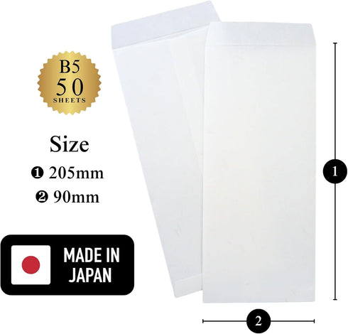 B5 Envelope Japanese Washi Paper, REIJOUSHI Japanese Paper Letter Envelopes 50 Pack (3.5" x 8"), Made in Japan (47333)