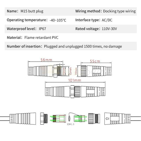 M15 (2pin 1.5 Elecbee Waterproof Connector Male Female Plug Connector LED Power Connector AC/DC Industrial Cord