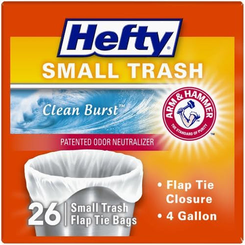 4 26 Count Hefty Small Garbage Bags, Flap Tie, Clean Burst Scent, Gallon