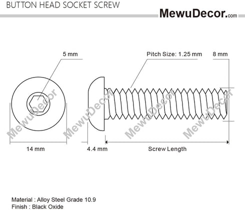 M8-1.25 x 20mm Button Head Hex Socket Cap Screws, 10.9 Grade Alloy Steel, Black Oxide Finish, 25 PCS