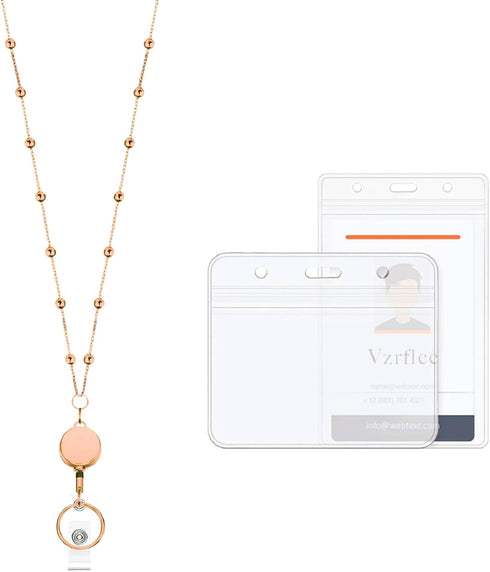 Retractable Badge Reel Lanyard with 2 Pieces ID Holder for Women, Fashion Beaded Chain Premium Stainless Steel Necklace