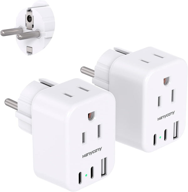 Type E F Plug Adapter: Germany France Travel Plug Adapter with 2 Outlets, 3 USB Ports (2 USB C), Schuko Power Adaptor