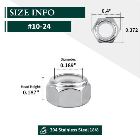 #10-24 (50 PCS) Stainless Steel Hex Locknuts – White Nylon Insert, Stainless Steel 304 Lock Nuts
