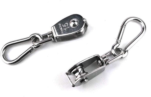 2PCS 304 Stainless Steel Single Pulley Block M15, Wire Rope Crane Pulley Block with 2PCS Spring Snap Hook.