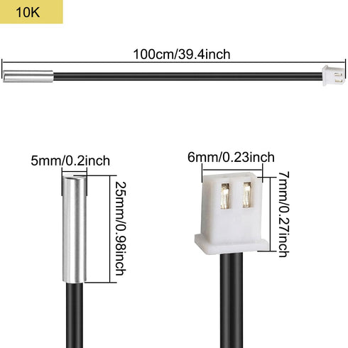 DKARDU 10 39.4Inch XH2.54-2P 3950 Pcs NTC Thermistor Temperature Sensor Probe Plug B Temp Sensor Probe Digital
