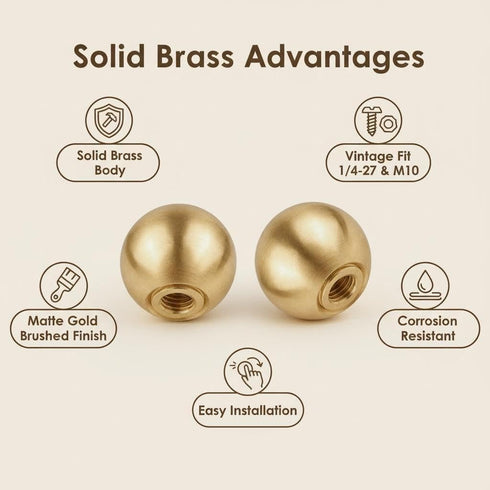 Alaviitsi 0.68 Inch 2 Pack, 1/4-27 Brass Lamp Finial Golden Ball Thread Solid Brass Lamp Knob Topper for Vintage Table