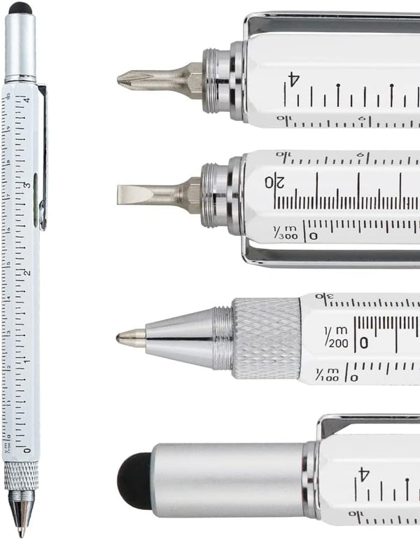 HeTaoCat Gifts Multi Tech Tool Pen, 6 in 1 Stylus Pen with Screwdriver, Ruler, Levelgauge, Ballpoint Pen (White)
