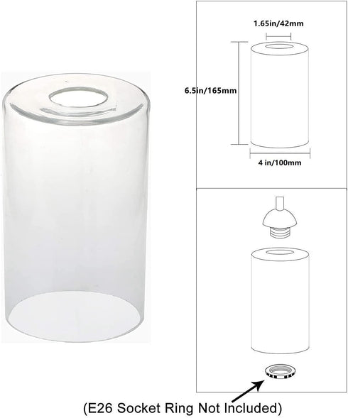 MISUOVERRE 2 pack, 1-5/8-inch 4, 6.5" Clear Glass Cylinder Shade, Pendant Lights Shade Fixture Replacement Globes