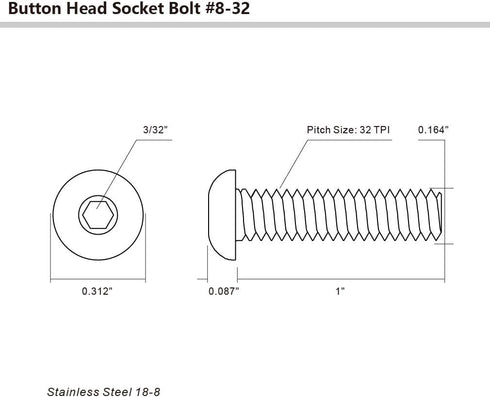 8-32 x 1" Button Head Socket Cap Bolts Screws, Stainless Steel 18-8 (304), Bright Finish, Allen Hex Drive, 50 PCS